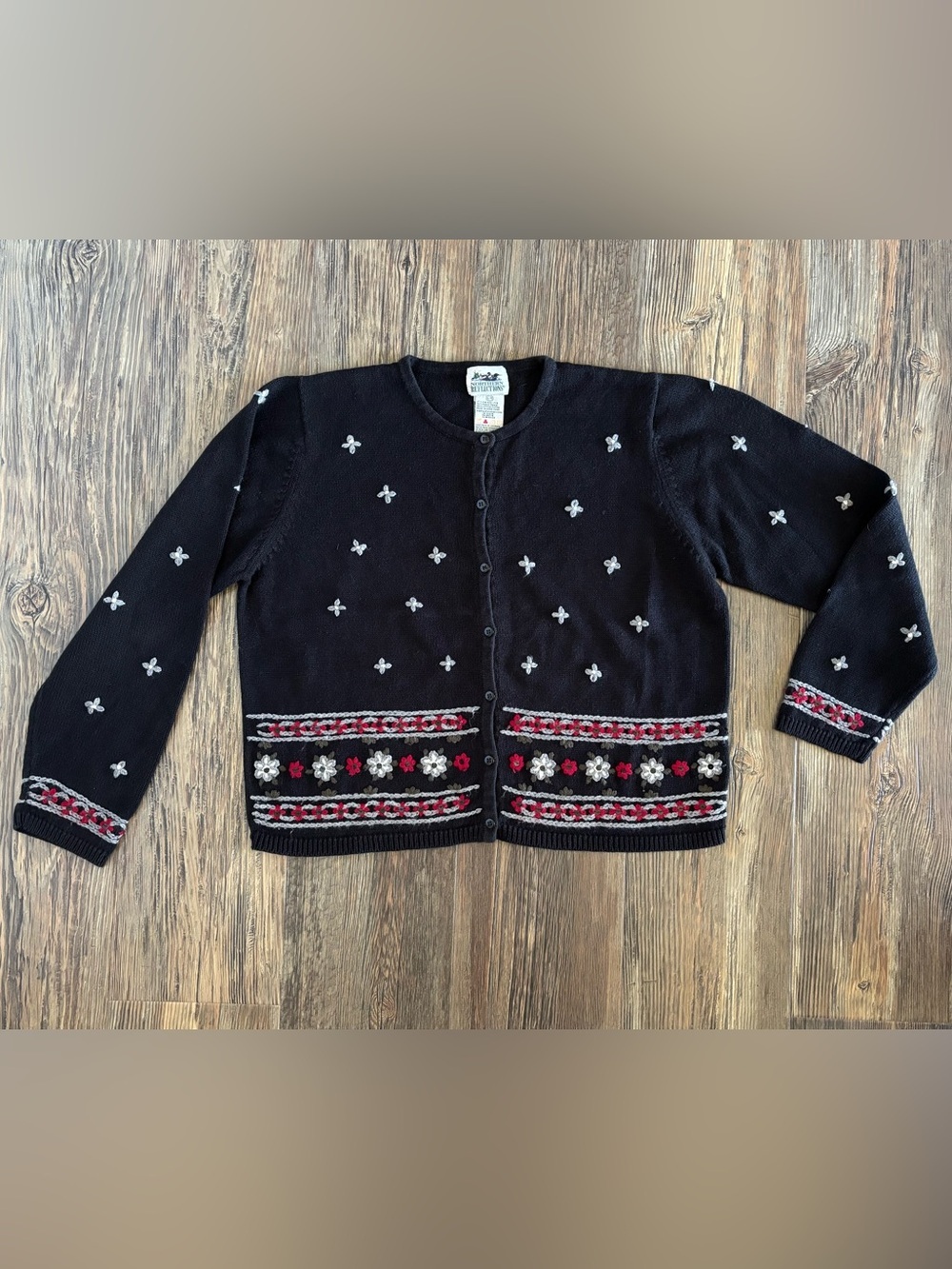 Vtg Northern Reflections Knit Cardigan Sweater XL Black Embroidered Floral 90s
